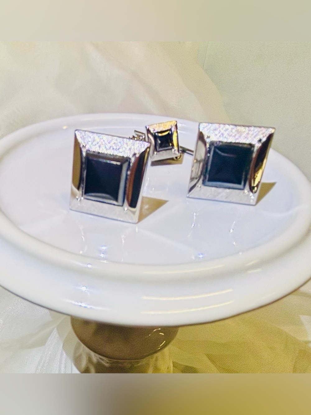 Vintage Swank Mid Century Modern Square Black Onyx Silver Tone Cufflinks MCM